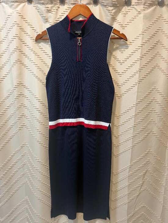 LEO & UGO Dresses & Skirts - Leo & Ugo Dress Knit Navy Blue Red White Layered Mock Neck Zip France Summer